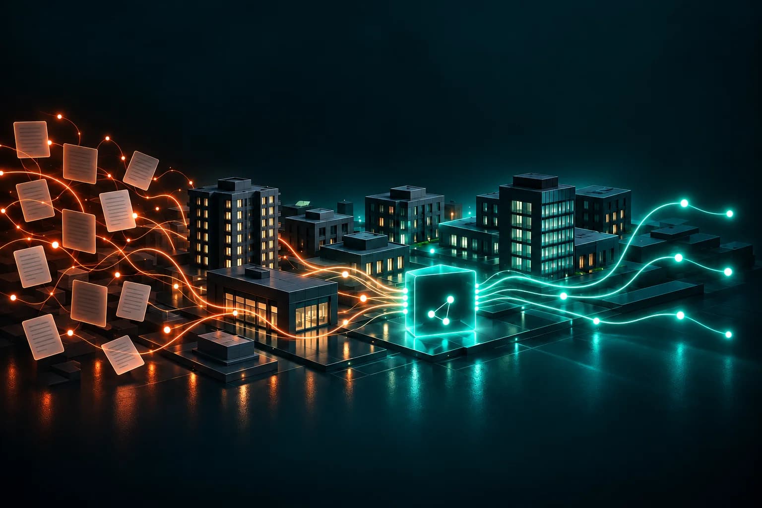 Multifamily and commercial buildings with scattered amber information becoming connected mint workflows through AI.