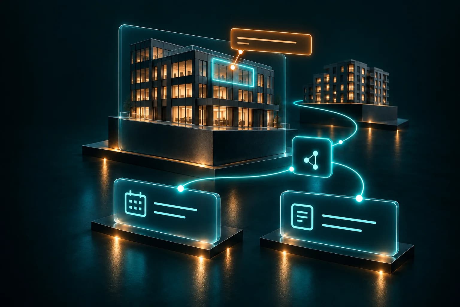 A commercial suite and multifamily model connect to tour options and a follow-up draft.