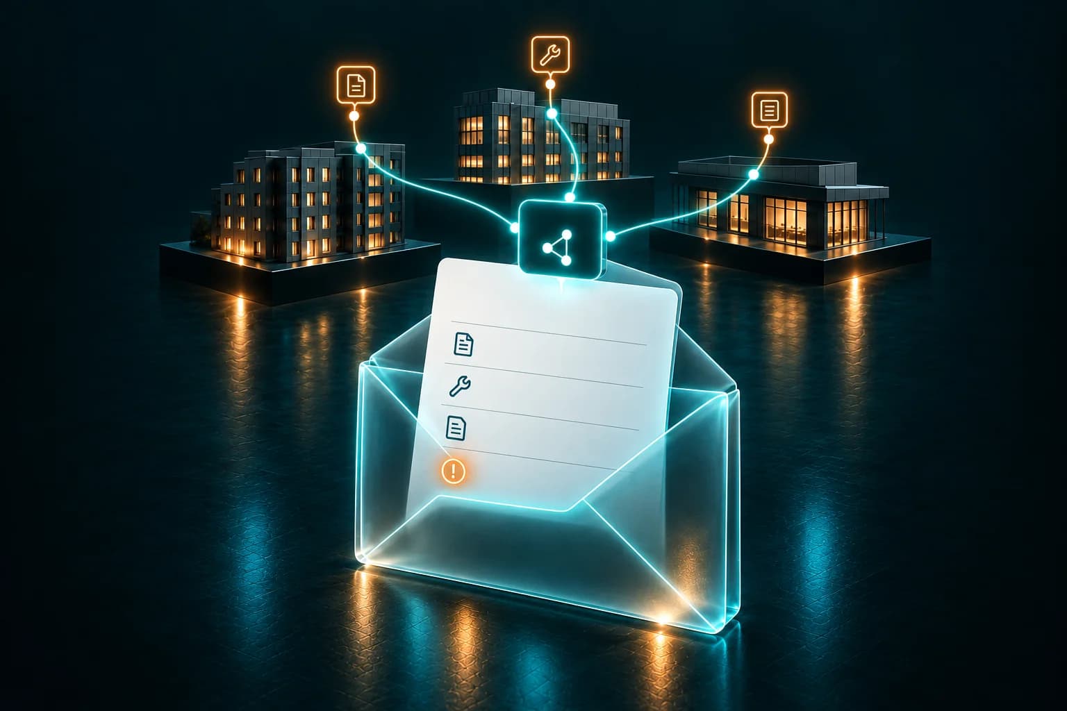 Property updates gather into a translucent envelope and an organized owner report.