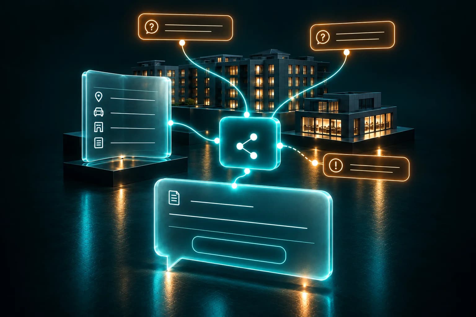 Tenant questions and property information connect to a reply draft beside a mixed-use building.